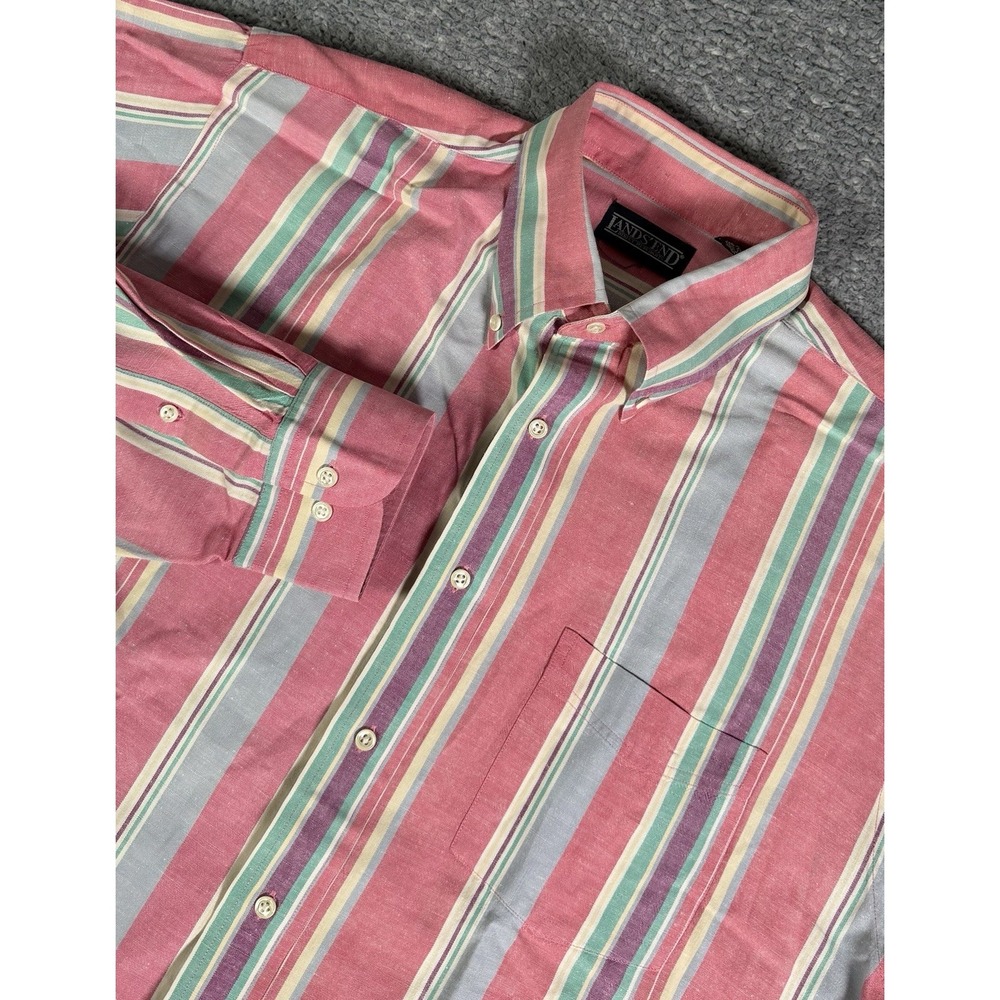 Vintage Lands End Striped Colorful Linen Blend Button Down Shirt Mens Large 90s